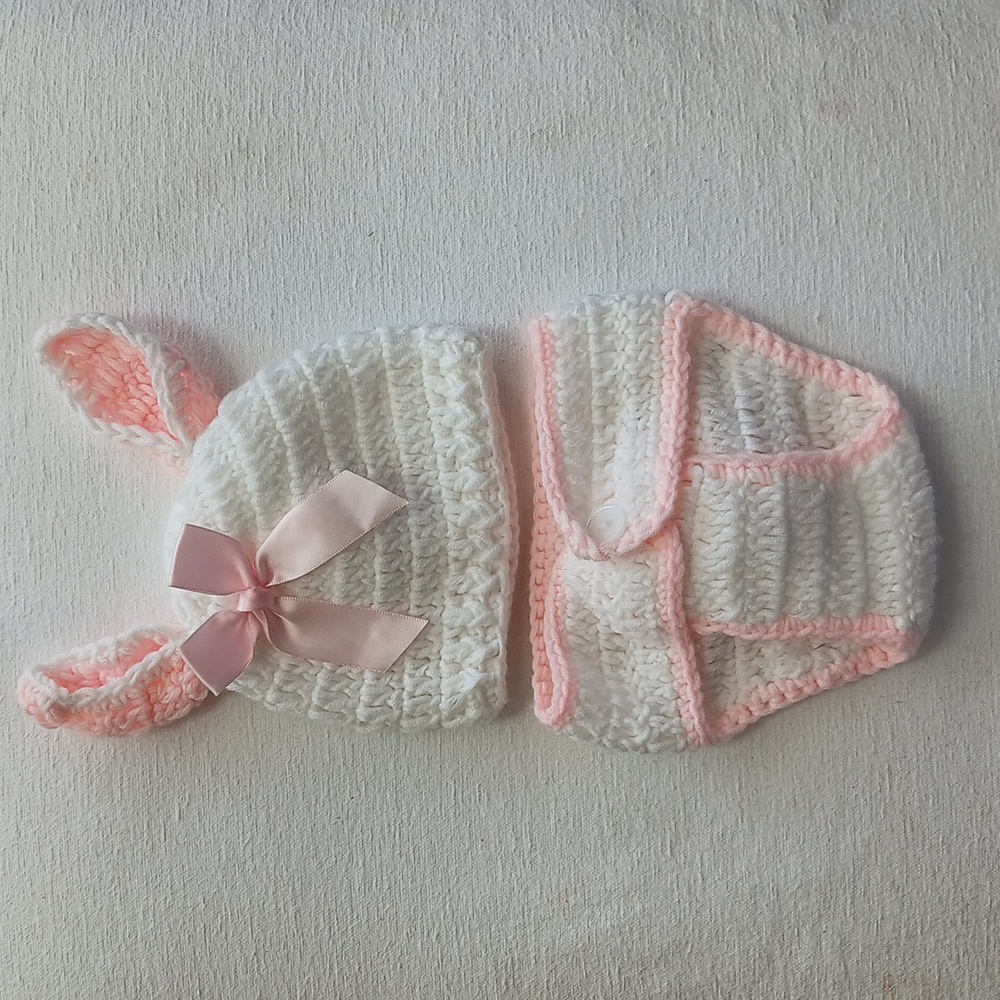 Handmade Crochet Baby Bunny White and Pink outfit.
